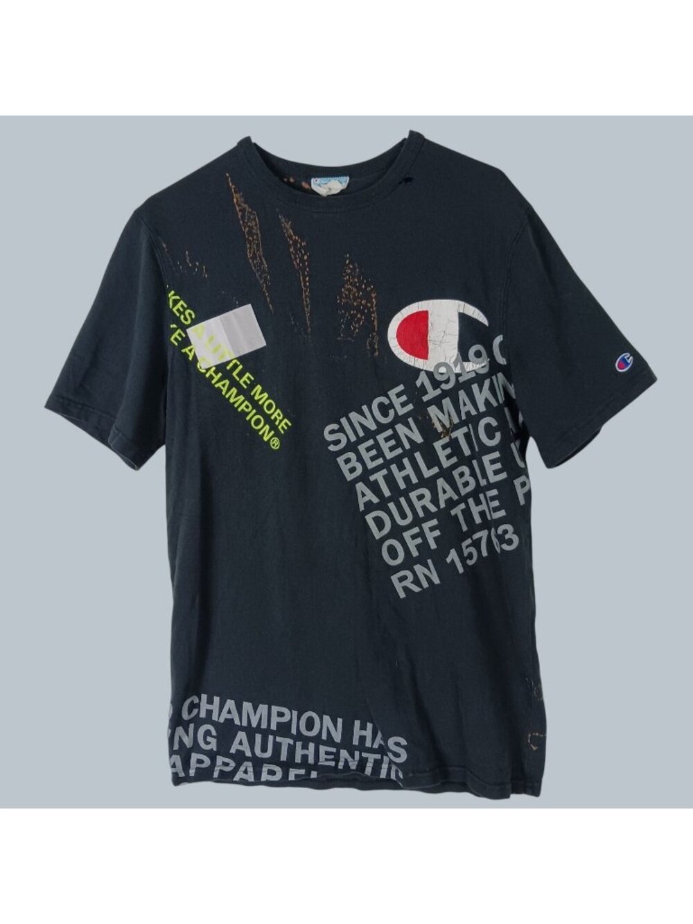 Champion Distressed T Shirt Mens M Black Streetwear Grunge Thrashed Bleach